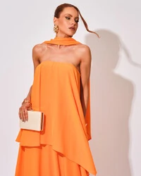 Vestido de Festa Longo Chiffon Crepe em Camadas com Lenço Laranja