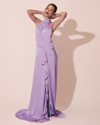 Vestido Longo de Festa Cetim Fluido Gola Alta e Babado Cascata Lilás