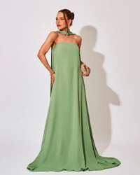 Vestido de Festa Longo Crepe Tomara que Caia com Lenço Verde Matcha