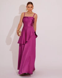 Vestido de Festa Zibeline Tomara que Caia com Recortes e Camadas Fúcsia