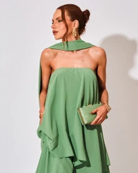 Vestido de Festa Longo Chiffon Crepe em Camadas com Lenço Verde Claro