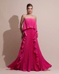 Vestido de Festa Longo Crepe Chiffon Tomara que Caia Plissado com Babado Cascata Pink New