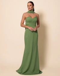 Vestido de Festa Longo Alfaiataria Tomara que Caia Saia Sereia com Lenço Verde Matcha