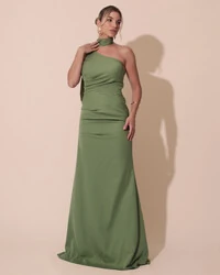Vestido de Festa Longo Alfaiataria Um Ombro Só Detalhe Drapeado Verde Matcha