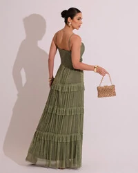 Vestido de Festa Longo Tule com Saia Babado Verde Oliva