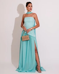 Vestido de Festa Longo Tomara que Caia Alfaiataria e Saia Crepe Chiffon e Lenço Tiffany