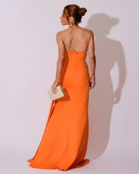 Vestido de Festa Longo Alfaiataria Tomara que Caia Drapeado Faixa Laranja