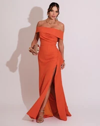 Vestido de Festa Longo Ombro a Ombro com Fenda em Alfaiataria Laranja