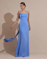 Vestido de Festa Longo Crepe Chiffon Costas Lenço Cauda Azul Atlantis
