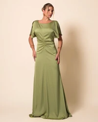 Vestido de Festa Longo Cetim Fluido Manga Curta Drapeado Verde Pistache