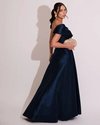 Vestido de Festa longo Faixa Ombro e Fenda Zibeline Azul Marinho