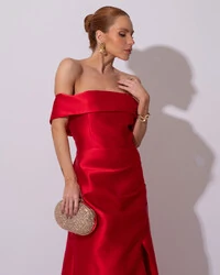 Vestido de Festa Longo Zibeline Ombro a Ombro Drapeado e Fenda Vermelho