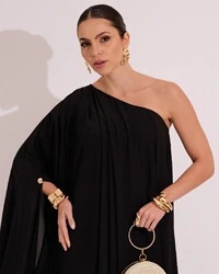 Vestido de Festa um Ombro com Capa Crepe Fluido Preto