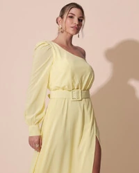 Vestido de Festa Longo um Ombro Só Manga Longa com Cinto Amarelo Manteiga