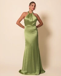 Vestido de Festa Longo em Cetim Alfaiataria com Elastano Frente Única Verde Pistache