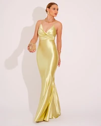 Vestido de Festa Longo Malha Cetim Busto Drapeado Saia Sereia Verde Lima