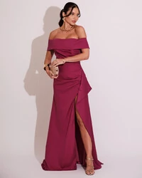 Vestido de Festa Longo Ombro a Ombro com Fenda em Alfaiataria Fucsia