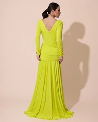 Vestido de Festa Longo Malha Degagê Drapeado Manga Longa Verde Lima