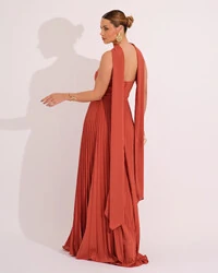 Vestido de Festa Longo Tomara que Caia Plissado com Lenço Terracota