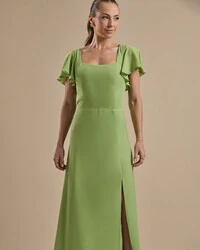 Vestido de Festa Longo Crepe Chiffon Manga Babado e Fenda Verde Garden