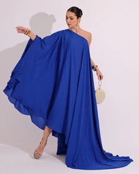 Vestido de Festa um Ombro com Capa Crepe Fluido Azul Royal