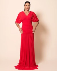 Vestido de Festa Longo Tule Manga Curta Drapeado Vermelho