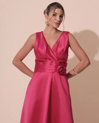 Vestido de Festa Longo Plus Size Zibeline Faixa e Flor Pink New