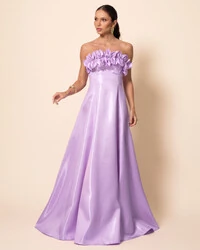 Vestido de Festa Longo Cetim Cristal Tomara que Caia com Flor 3D Lilás