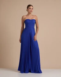 Macacão de Festa Longo Crepe Chiffon Tomara que Caia Plissado com Lenço Azul Royal