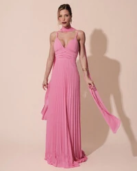 Vestido de Festa Longo Plissado Crepe Chiffon com Alça e Lenço Rosa