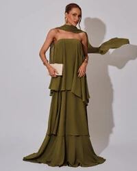 Vestido de Festa Longo Chiffon Crepe em Camadas com Lenço Verde Escuro