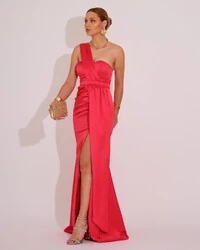 Vestido de Festa Longo Cetim Alfaiataria Tomara que Caia Faixa Coral