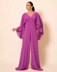 Macacão de Festa Longo Crepe Chiffon com Capa Fúcsia