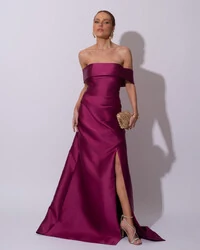 Vestido de Festa Longo Zibeline Ombro a Ombro Drapeado e Fenda Fúcsia