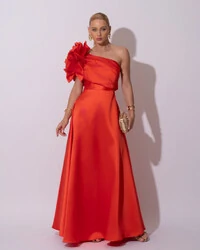 Vestido de Festa Longo Zibeline um Ombro Só Flor Drapeado Laranja