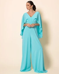 Macacão de Festa Longo Crepe Chiffon com Capa Tiffany