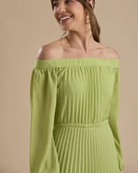 Vestido de Festa Longo Crepe Chiffon Plissado Ombro a Ombro Verde Pistache