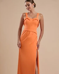 Vestido de Festa Longo Alfaiataria Decote Coração com Alças e Fenda Laranja