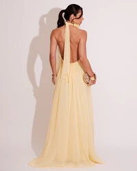 Vestido Longo Crepe Frente Única Fluido Flor Removível Amarelo Manteiga