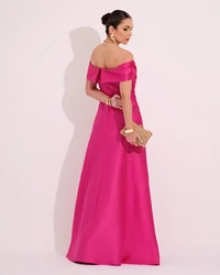 Vestido de Festa Longo Ombro a Ombro Laço Zibeline com Fenda Pink