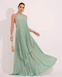 Vestidos de Festa Longo Chiffon Fluido Frente Única Plissado Duplo Verde Menta