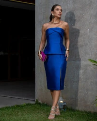 Vestido Midi Zibeline Tomara que Caia com Fenda Azul Royal