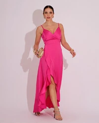 Vestido Midi Babado Acetinado Pink