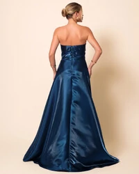 Vestido de Festa Longo Cetim Cristal Tomara que Caia Detalhe Verde Escuro