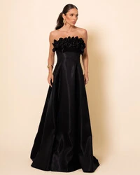 Vestido de Festa Longo Cetim Cristal Tomara que Caia com Flor 3D Preto