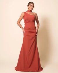 Vestido de Festa Longo Alafataria Um Ombro Só Detalhe Drapeado Terracota