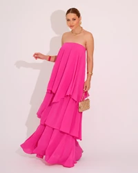 Vestido de Festa Longo Tomara que Caia em Camadas Pink
