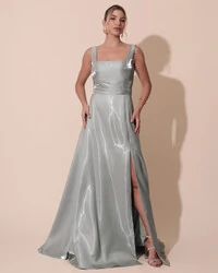 Vestido de Festa Longo Zibeline Cristal com Fenda e Faixa Verde Menta