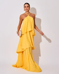 Vestido Longo Crepe Chiffon Babado em Camadas Amarelo