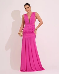 Vestido Longo Jersey Decote V drapeado Pink